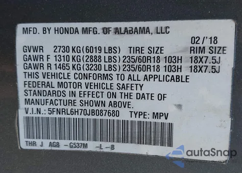 2018 Honda Odyssey Ex-L z USA, uszkodzony, nr VIN 5FNRL6H70JB087680